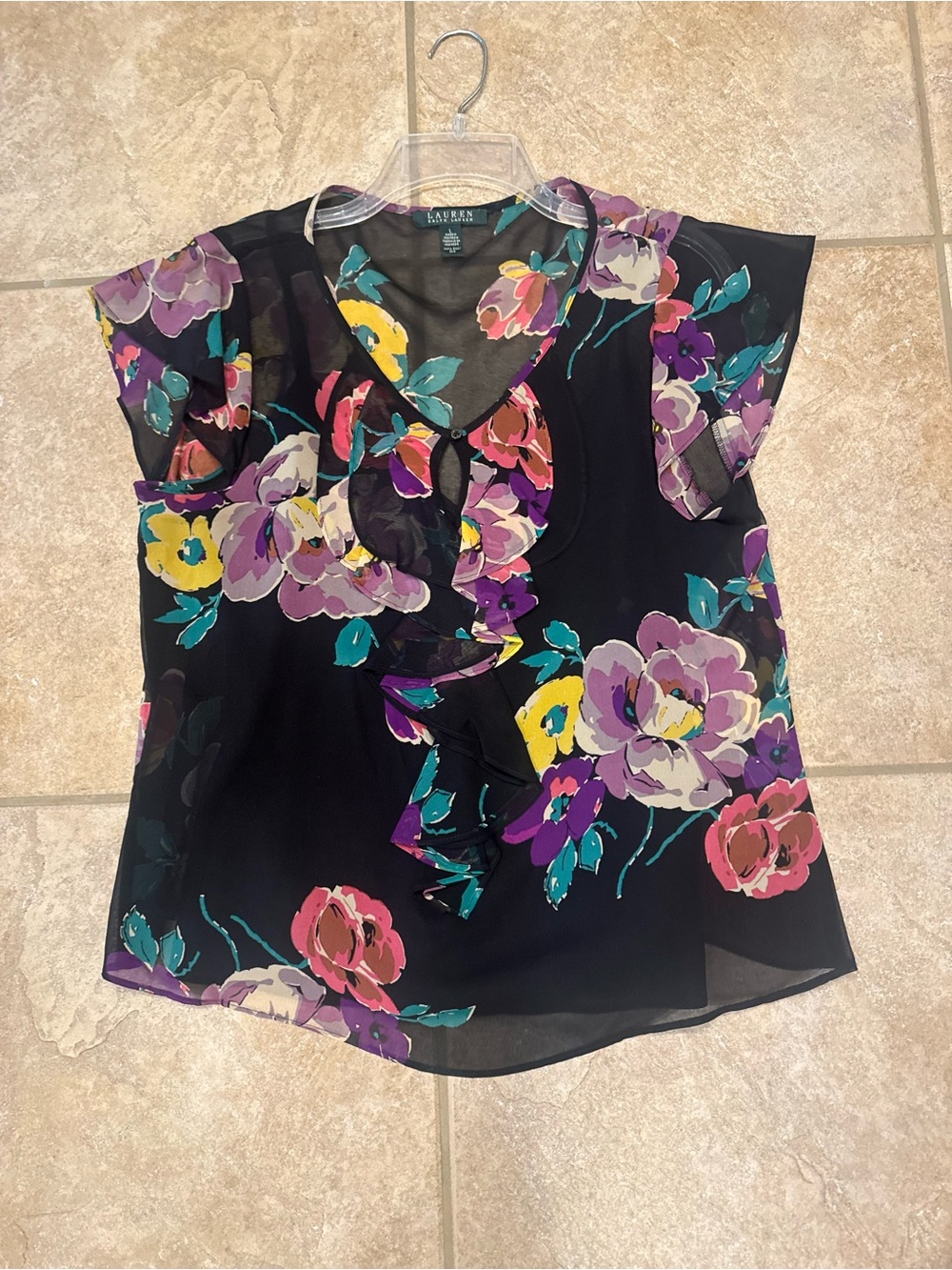 Lauren Ralph Lauren Black Floral Ruffle V-Neck Cap Sleeve Silk Blouse